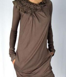 Silk Contrast Ruffled Dress in Brown, $85.00